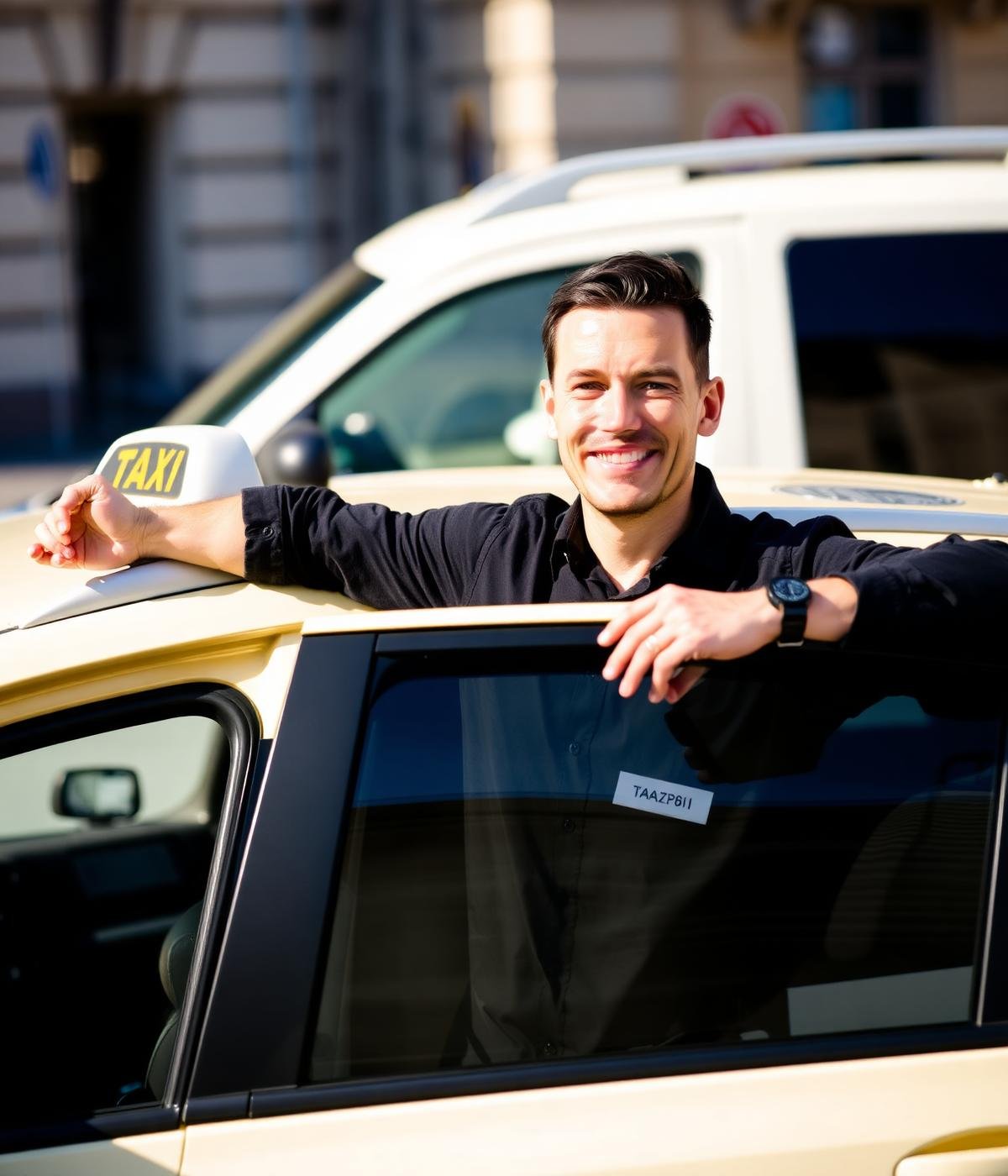 Taxifahrer Mohammed Hussain neben seinem Fahrzeug